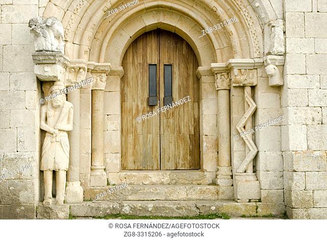 Northern door showing an unusual decoration , San Pantaleon de Losa Hermitage, in Romanesque style with gothic elements, XI Century, Valley of Losa