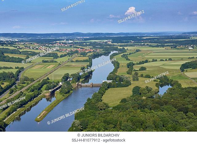 Lock Ottendorf on the river Main seen from the air. Bavaria, Germany