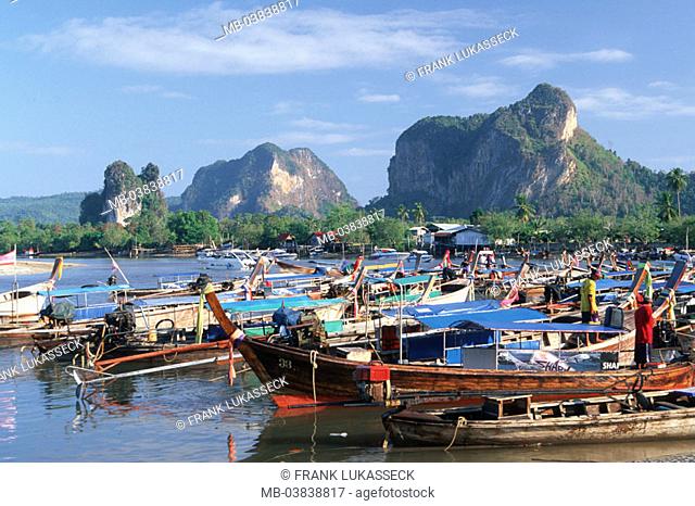 Thailand, Phang Nga bay, Ao Nang,  Fisher boats, rocks,   Asia, southeast Asia, Phangnga, bay, Indian ocean, sea, harbor, landing place, boats, fishery, economy