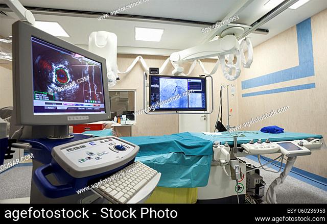 A surgery room in a hospital full of modern equipment. Nobody