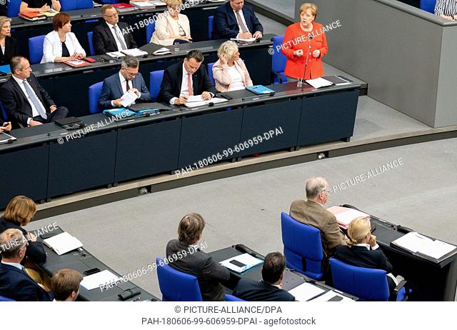 06 June 2018, Germany, Berlin: German Chancellor Angela Merkel of the Christian Democratic Union (CDU) speaking during the plenary meeting of the German...