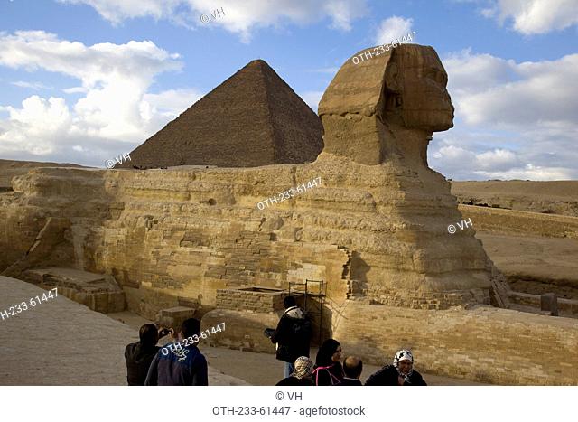 Sphinx with Pyramid of Khufu at the background, Giza, Egypt