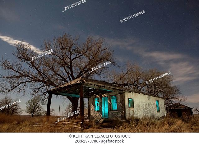 Abandoned Old retro gas station at night, west Texas, USA