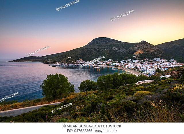 View of Fourni town and its harbour early in the morning, Greece.