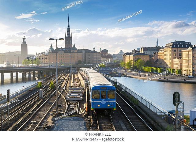 Riddarholmen Church and train from Sodermalm, Stockholm, Sweden, Scandinavia, Europe
