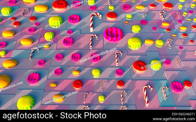 Different lollipops appear on a colored geometric plane, computer generated. Concept of candy production. 3d rendering virtual background