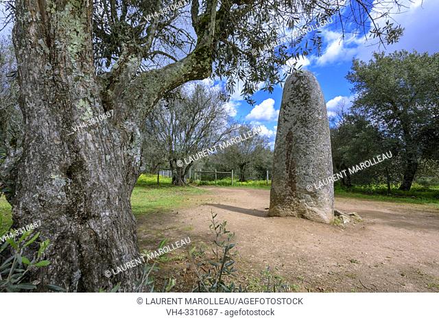 The isolated Menhir of the Almendres, Nossa Senhora de Guadalupe, Evora Municipality, Alentejo Region, Portugal, Europe