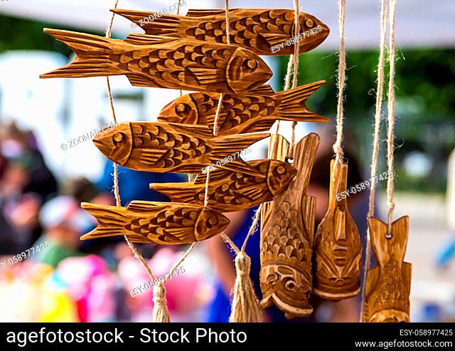 Garland handmade wooden carved fish figure weathered natural texture