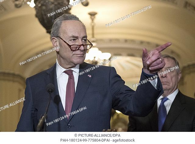 United States Senate Minority Leader Chuck Schumer (Democrat of New York) answers reporters questions following the Democratic Party policy luncheon in the US...