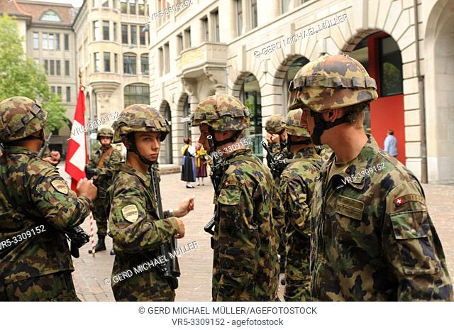 Swiss army soldiers in Zürich city at the "Sechseläuten" Parade