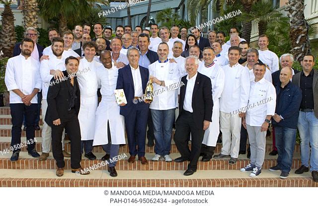 Monaco, Monte Carlo - May 23, 2016: French Chefs Jacques Chibois from La Bastide Saint Antoine in Grasse, Chef Marcel Ravin from the Monte Carlo Bay Hotel and...