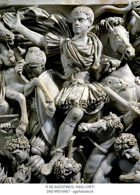 Equestrian portrait of Hostilianus, son of the Emperor Decius, together with his guards on horseback, detail from a marble sarcophagus known as Grande Ludovisi...