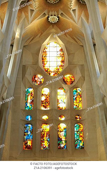 Interior of the Sagrada Familia Temple by Antoni Gaudi. Barcelona, Spain