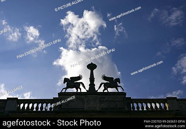 02 July 2023, Brandenburg, Potsdam: The Pegasus Plateau at the Belvedere on the Pfingstberg. The Belvedere Palace was built by Friedrich Wilhelm IV in 1847-1863...