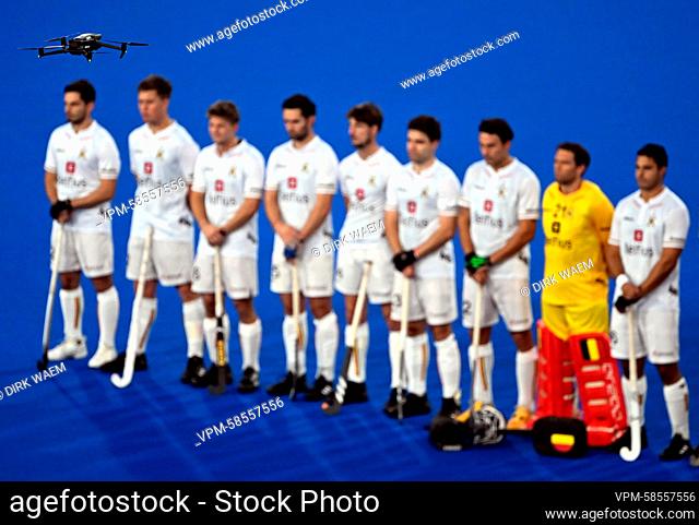 Illustration picture shows a drone flying over the The Red Lions during the team presentation at a game between Belgium's Red Lions and Japan