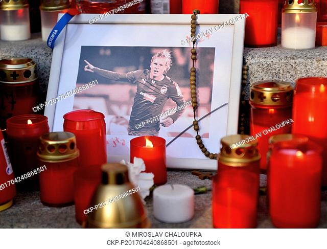 A place of commemoration was created by fans outside the Viktoria Plzen stadium in Plzen, Czech Republic, April 24, 2017 where people can lay candles and...