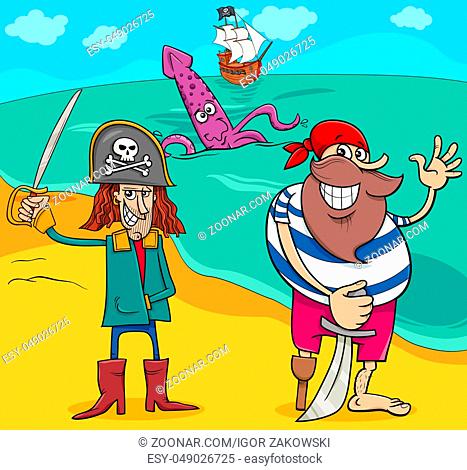 Cartoon Illustrations of Pirate Characters with Ship on Island