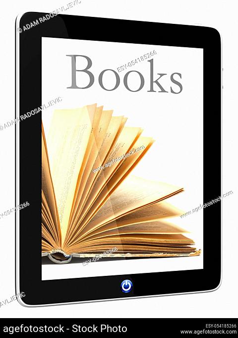 Book and iPad teblet computer 3D model isolated on white, digital library concept, Objects with Clipping Paths