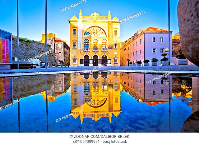 Croatian national theatre of Split water reflection view, Dalmatia region of Croatia