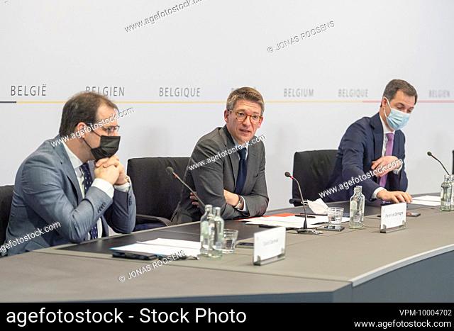 Vice-prime minister and minister of Economy and Work Pierre-Yves Dermagne pictured during a press conference of Belgian federal government to present an...