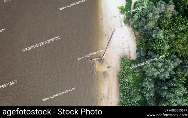 4k aerial view of Vistula River bank in Mokotow district of Warsaw city, Poland