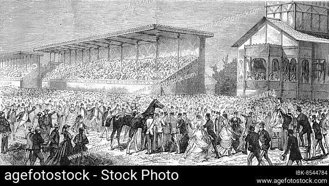 Racecourse in Bois de Boulogne, the favourite horse The Earl is being shown to the public, 1868, France, Historic, digitally restored reproduction of a 19th...