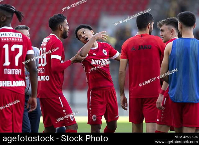 Antwerp's Faris Haroun and Antwerp's Anthony Valencia pictured after winning a soccer match between Royal Antwerp FC RAFC and KVC Westerlo