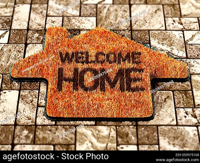 Welcome home doormat standing on the ground. 3D illustration