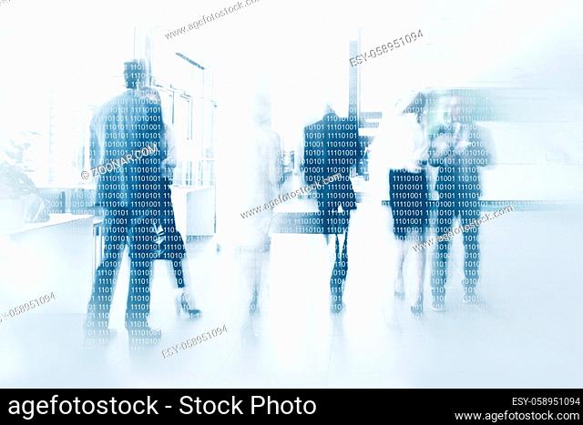 Businesspeople walking in the corridor of an business center, pronounced motion blur, binary code creative concept