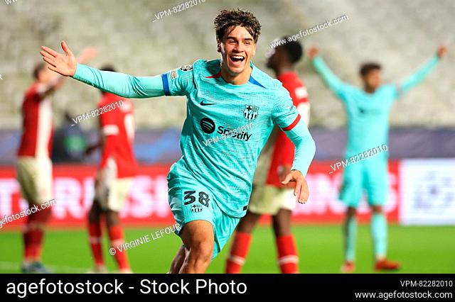 Barcelona's Marc Guiu celebrates after scoring during a game between Belgian soccer team Royal Antwerp FC and Spanish club FC Barcelona, in Antwerp