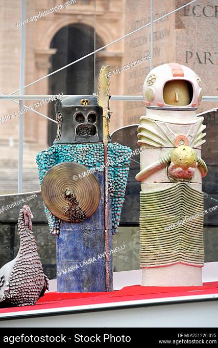 the astronaut and the black warrior of the Nativity scene made up of larger-than-life-sized ceramic statues from Castelli in Abruzzo Vatican City, Italy
