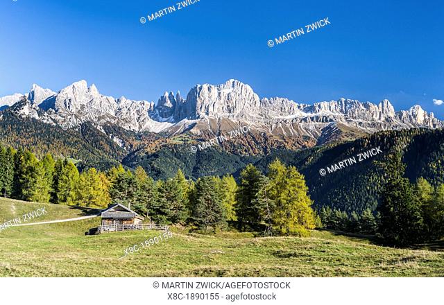Rosengarten also called Catinaccio mountain range in the Dolomites of South Tyrol Alto Adige during autumn  The Rosengarten is part of the UNESCO world heritage...