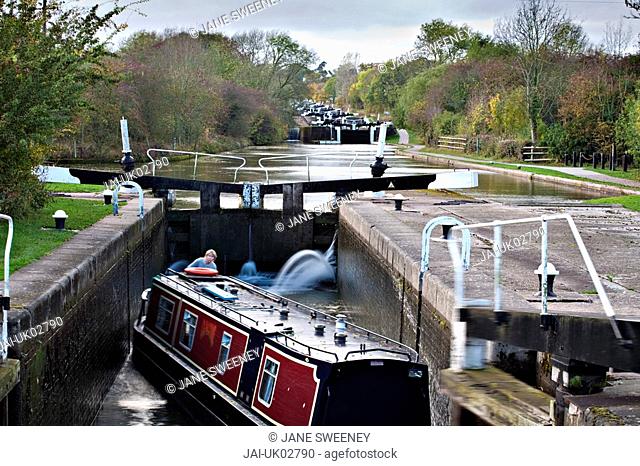 England, Warwickshire, near Warwick, Hatton, Hatton Locks on the Grand Union Canal - known as the Boaters stairway to heaven