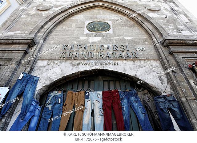 Closed entrance to the Grand Bazaar, hung with jeans, lettering Grand Bazaar, Beyazit Square, Istanbul, Turkey