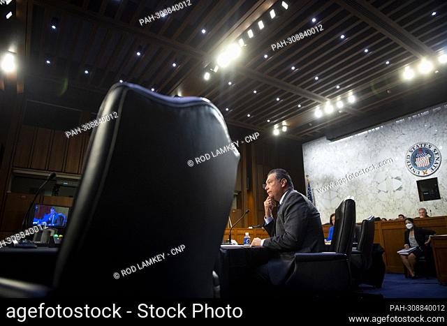 United States Senator Alex Padilla (Democrat of California) questions the panel of witnesses during a Senate Committee on the Judiciary hearing to examine...