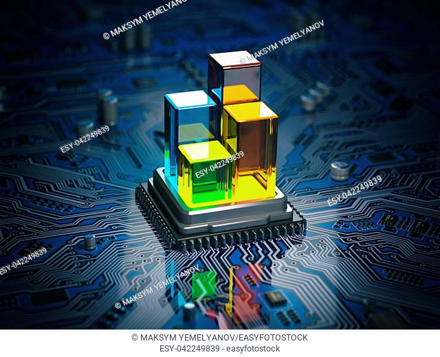 CPU processor with graph and diagram on the circuit board motherboard. Compare of speed level and cooling of CPU information technology concept