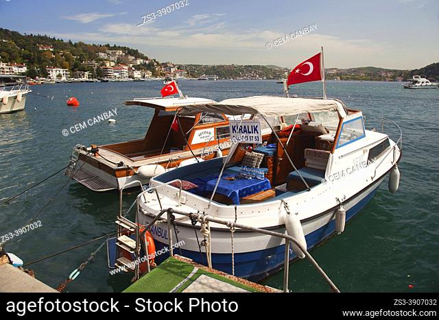 Traditional boats at seaside in Bebek district at Bosphorus, Besiktas, Istanbul, Marmara Region, Turkey, Europe
