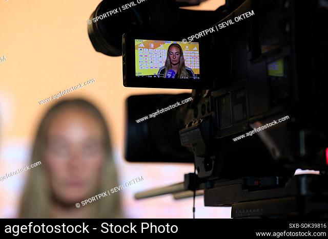 Tessa Wullaert of Belgium giving a reportage to VRT after a press conference ahead of a female soccer game between the national teams of Belgium