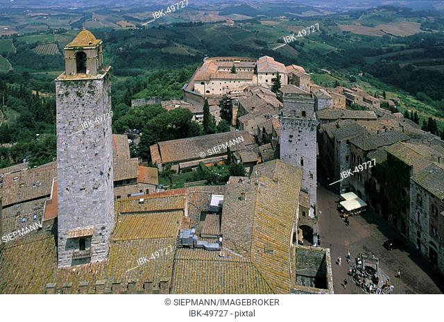 San Gimignano view from Torre Grossa to Piazza della Cisterna Tuscany