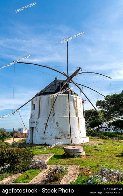 Vejer de la Frontera, Spain - 17 January, 2021: the San Jose windmills in historic Vejer de la Frontera in Andalusia