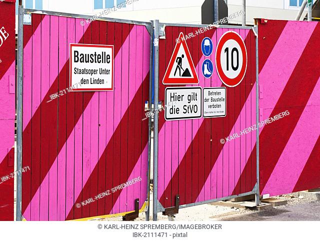 Colourful hoarding with road signs at the Staatsoper Unter den Linden, Berlin, Germany, Europe