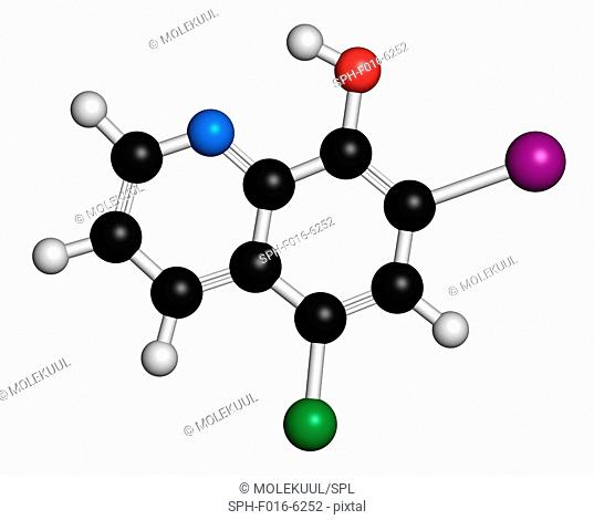 Clioquinol (iodochlorhydroxyquin) antifungal and antiprotozoal drug molecule. Atoms are represented as spheres with conventional colour coding: hydrogen (white)