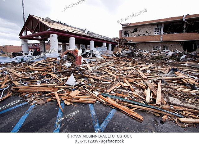 Debris surround the destroyed Joplin High School in Joplin, Missouri, May 25, 2011  On May 22, 2011, Joplin Missouri was devastated by an EF-5 tornado
