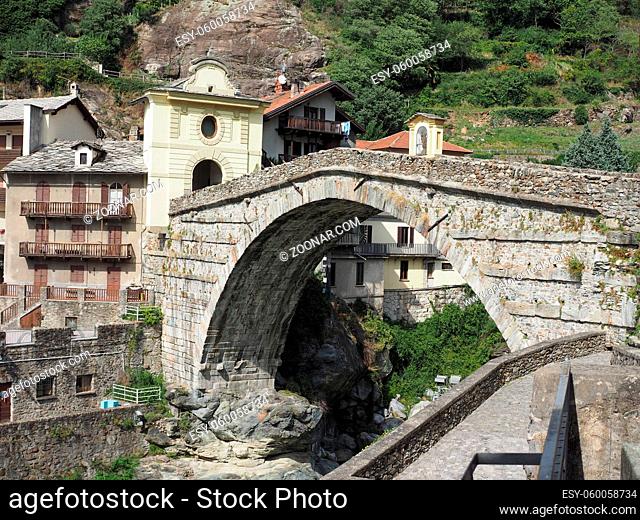 Ancient roman bridge over torrent Lys in Pont Saint Martin, Italy