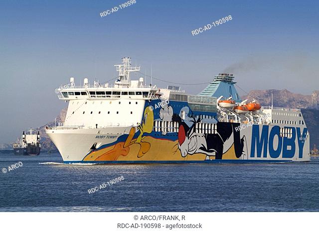 Ferry 'Moby Lines', near Olbia, Gulf of Olbia, Sardinien, Italy, Sylvester and Tweety