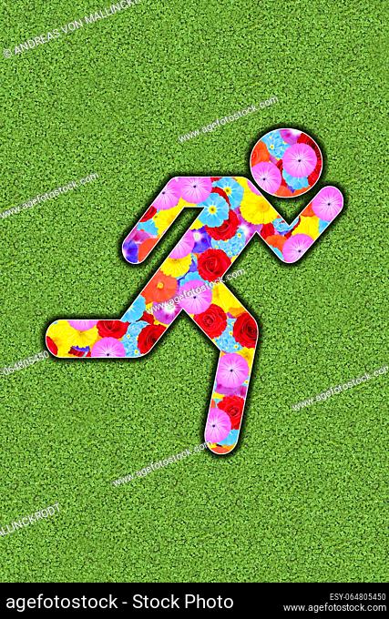 Pictogram of a running person, side view, designed with colourful flowers on a green background, graphic, symbol