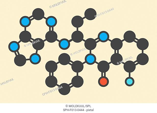 Idelalisib leukaemia drug molecule. Inhibitor of phosphoinositide 3-kinase (PI3K). Stylized skeletal formula (chemical structure)