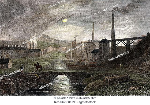 Nant-y-Glow Iron Works, Monmouthshire, Wales: proprietor Richard Crawshay 1739-1810  Hand-coloured engraving c 1830 after watercolour by George Robertson c 1788
