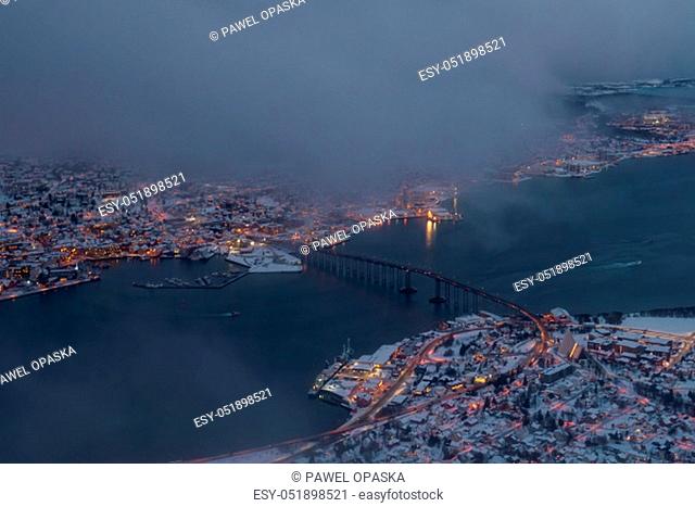 Aerial view to the city of Tromso in winter from above, Northern Norway