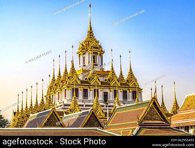 Loha Prasat Metal Castlle Buddhist Temple Wat Ratchanaddaram Worawihan Bangkok Thailand. Built 1846. 37 Spires for 37 Buddhist virtues to reach enlightenment